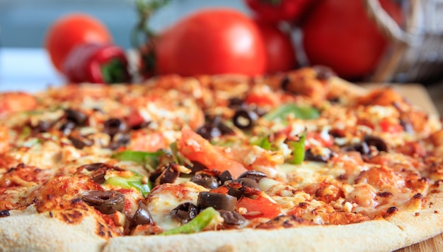 Pizza on a wooden table