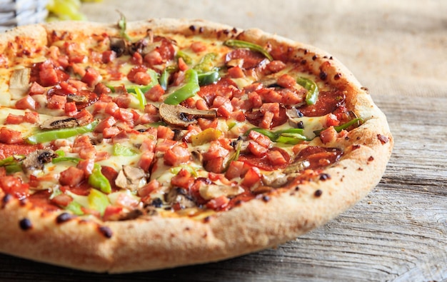 Pizza on a wooden table