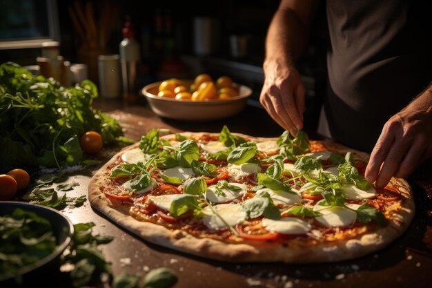 写真 ルッコラを使った自家製ピザを準備する pizzaiolo 生成 ia