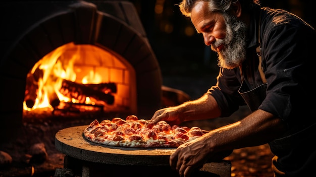 전통적인 장작 오븐에서 소박한 피자를 준비하는 Pizzaiolo 이탈리아 요리의 예술성