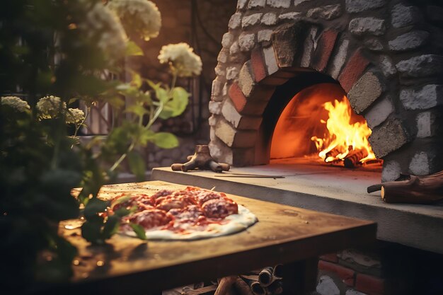 Pizzaoven in de buitenlucht in actie