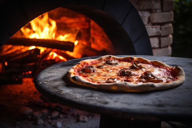 Pizzaoven met vlammen en houtblokken