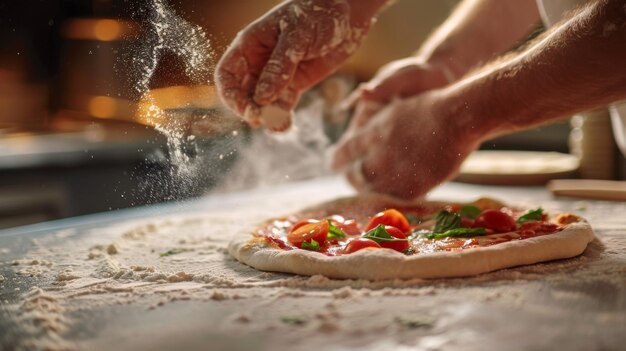 A pizzeria chef stretching pizza dough on a floured surface skillfully shaping it into a round base for a classic neapolitanstyle pizza