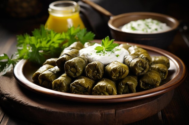 Plaat met heerlijke Armeense druivenbladrollen genaamd dolma tolma met yoghurtdip