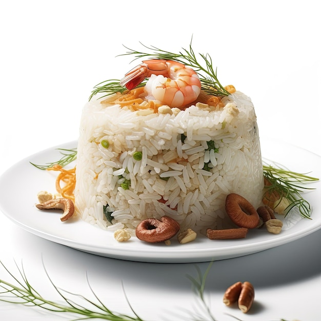 Plaat met heerlijke garnalen gebakken rijst op witte achtergrond
