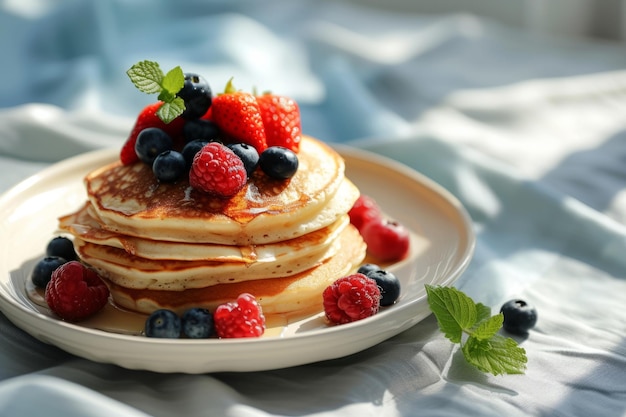 Plaat met klassieke pannenkoeken met verse bessen op de top Gezond zomerontbijt Generatieve AI