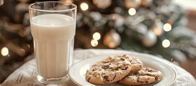 Plaat met koekjes en een glas melk bij de feestboom.