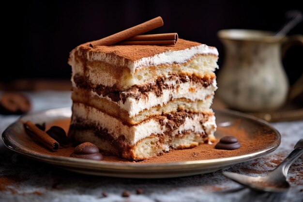 Plaat met plak van smakelijke zelfgemaakte chocoladetaart op tafel