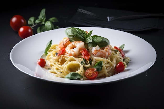 Plaat van linguine met basilicum van garnalenkerstomaten