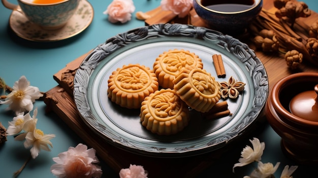 Plaat van mooncakes met een kopje thee op blauwe achtergrond