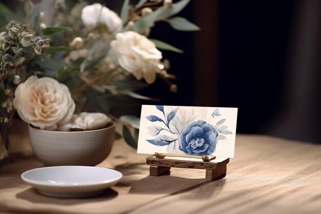 Place card beige blue flowers romantic watercolor florals