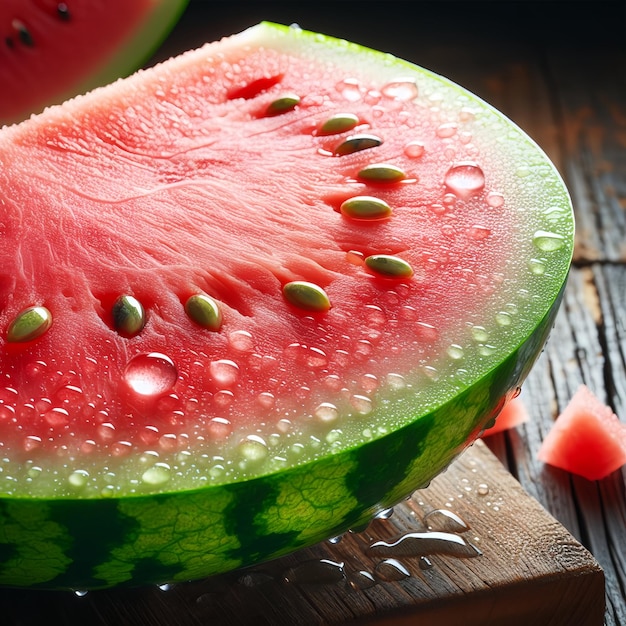 Place a cut piece of watermelon on the table ai image