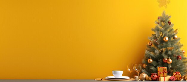 Place for food on a wooden yellow table inside a christmas tree