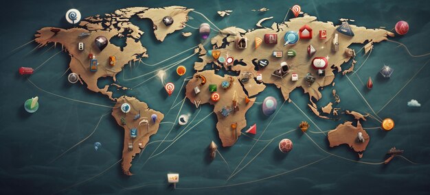 Place popular social media icons across different continents on a world map