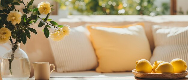 place to relax in country house Sofa with pillows lemons and flowers on table