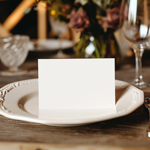 Photo a place setting with a blank card on a plate