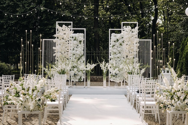 A place for a wedding ceremony on the street. Decorated wedding venue.