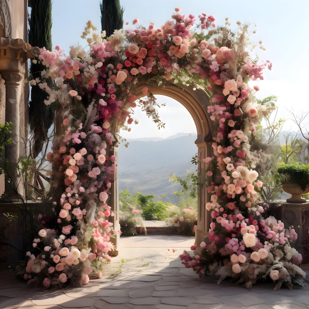 Place with arch for vintage wedding ceremony Beautiful floral arrangement