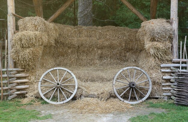 Place with stacks of hay cubes and rustic wooden wheels of old cart