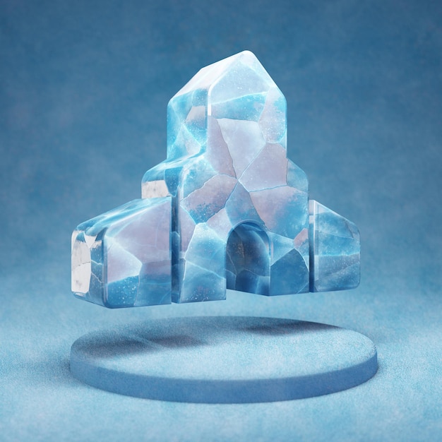 Place of Worship icon. Cracked blue Ice Place of Worship symbol on blue snow podium. Social Media Icon for website, presentation, design template element. 3D render.