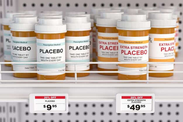 Photo placebo and extra strength placebo pills in box for different prices fraudulent earnings of the pharmaceutical industry concept