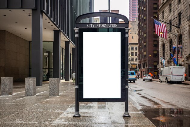 Placeit Blank billboard at bus stop mockup template for advertising Chicago city buildings and street background