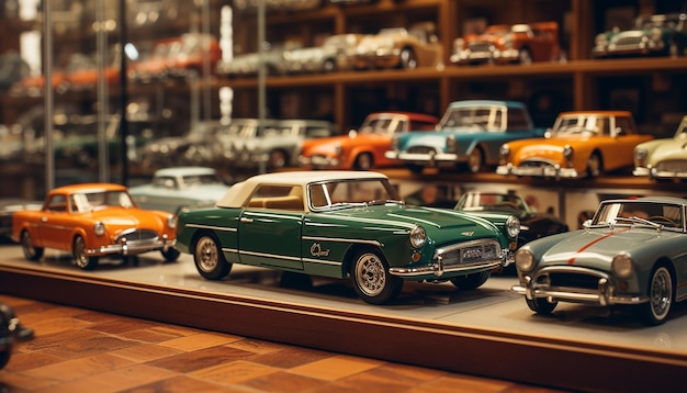 Foto places heeft veel verschillende miniatuur auto's die hij al heeft gemaakt. ook zijn vintage auto's staan te koop.