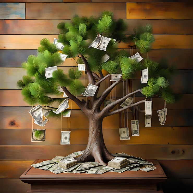 Photo placing decorative tree on wooden backdrop with money