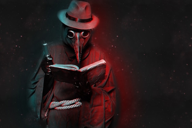 Plague doctor with a book and a syringe on a dark background