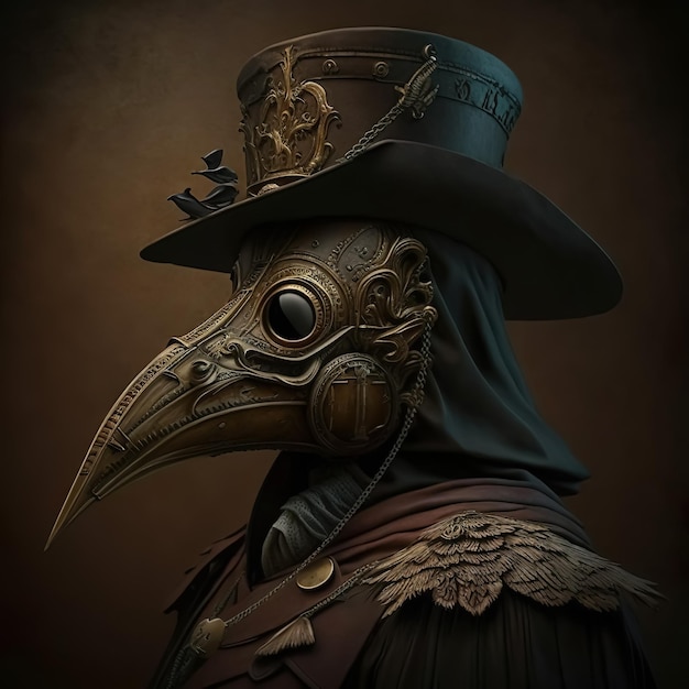 Plague mask hat and costume of medieval doctor Generative AI
