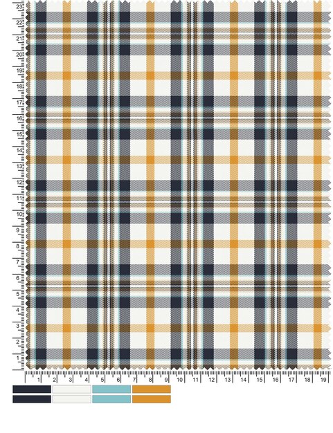 Plaid fabric in yellow and blue with a black stripe.