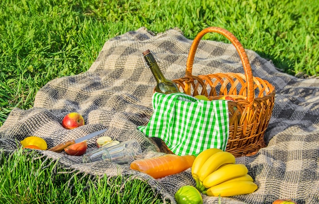 Plaid for a picnic on the grass. Selective focus.