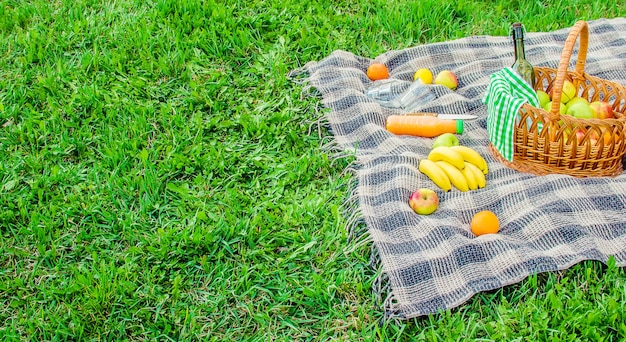 Plaid per un picnic sull'erba. messa a fuoco selettiva