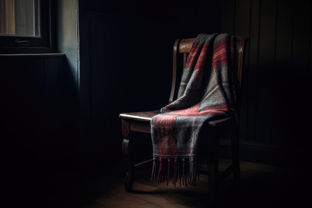 A plaid scarf is draped over a chair in a dark room generative ai