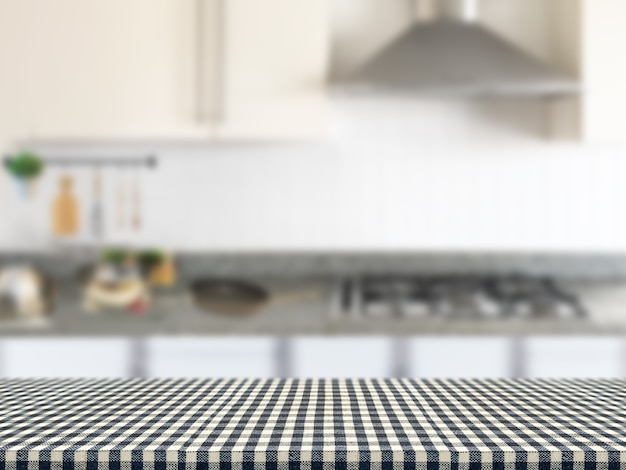 Plaid tablecloth with kitchen cabinet background