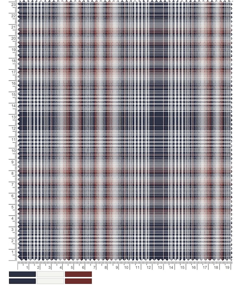 A plaid tartan pattern that is printed in red, blue, and white.