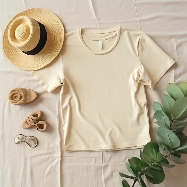 Photo plain beige tshirt flatlay for mockup boho style white background hd photo isolated white background