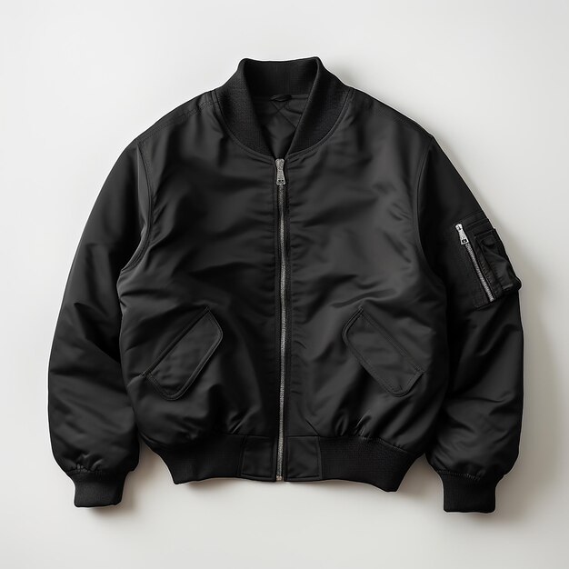 Photo plain black bomber jacket with white background