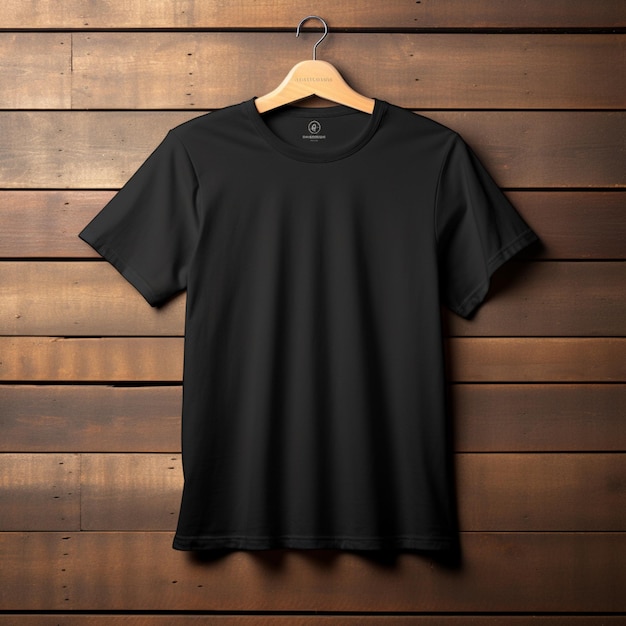 Plain black t shirt hanging on a hanger on wooden wall background