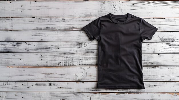 Photo plain black tshirt floating on the side of gray wooden background