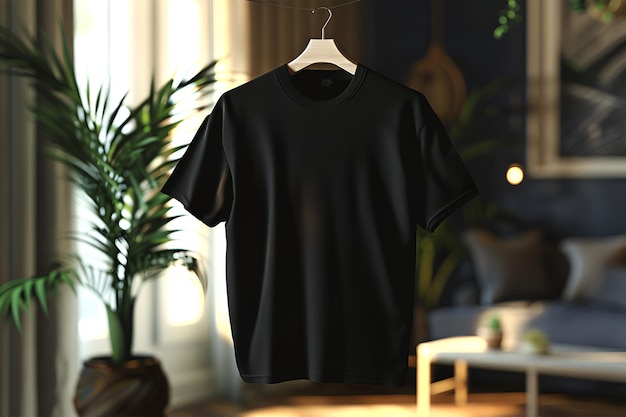 Photo plain black tshirt mockup floating in air with hanger modern studio background