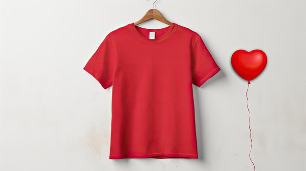 a plain bright red thick crewneck cotton short sleeve tshirt mockup on a hanger against a white wall a white color heart balloon