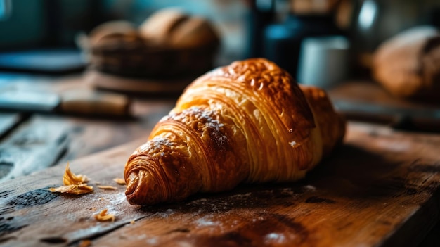 Plain Croissant against a cozy French bakery setting