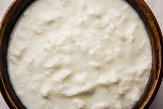 Plain curd or yogurt or Dahi in Hindi, served in a bowl over moody background. Selective focus