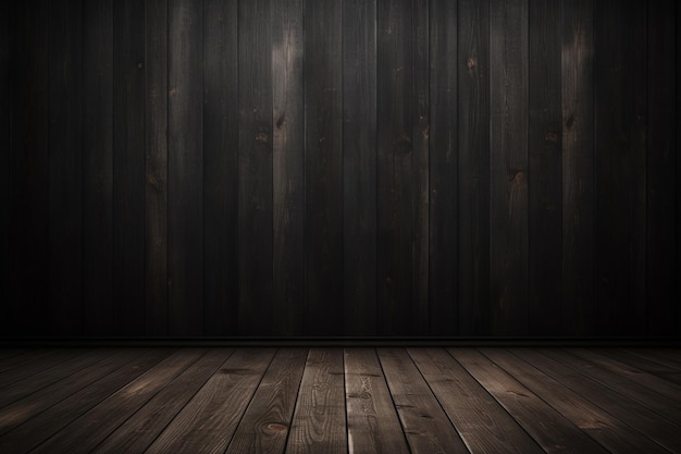 Plain dark black wall with wooden floor product background