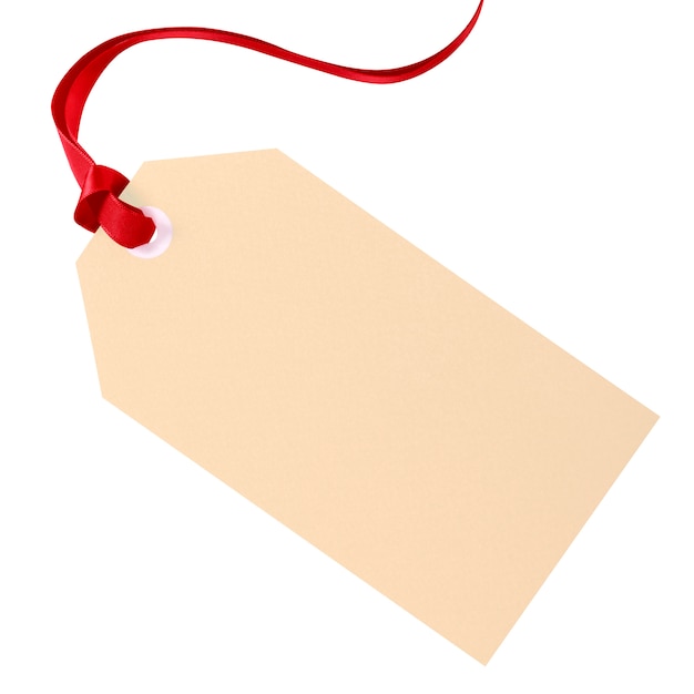 Plain gift tag with red ribbon isolated