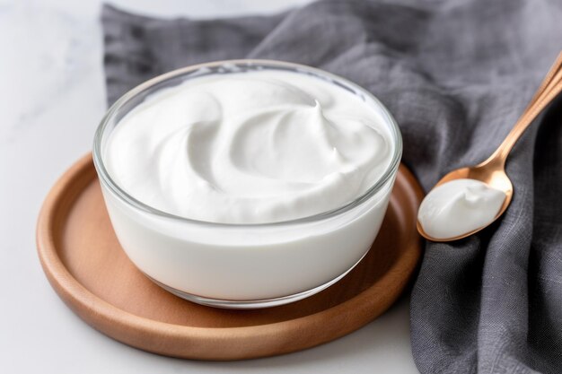 Photo plain greek yogurt in a bowl with a spoon beside