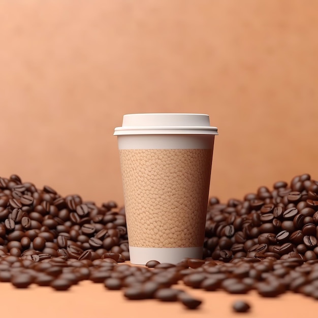 デザインのモックアップ用のパステル背景にコーヒー豆の上部にある普通紙のコーヒーカップ