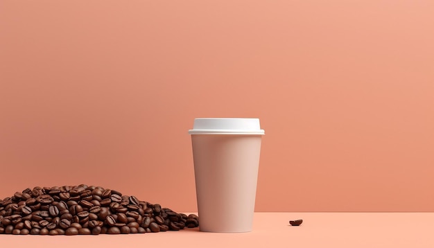 plain paper coffee cup at the top of coffee beans on pastel background