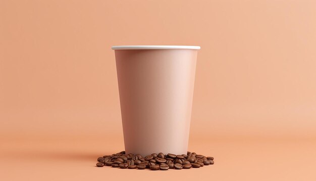 plain paper coffee cup at the top of coffee beans on pastel background